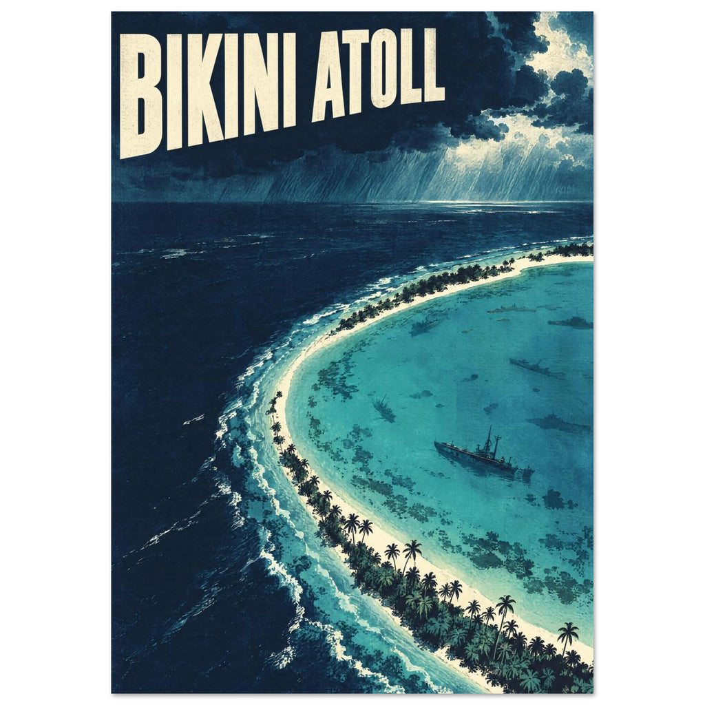 Bikini Atoll lettering above storm clouds, dark ocean and a palm-lined turquoise lagoon with submerged ship silhouettes.
