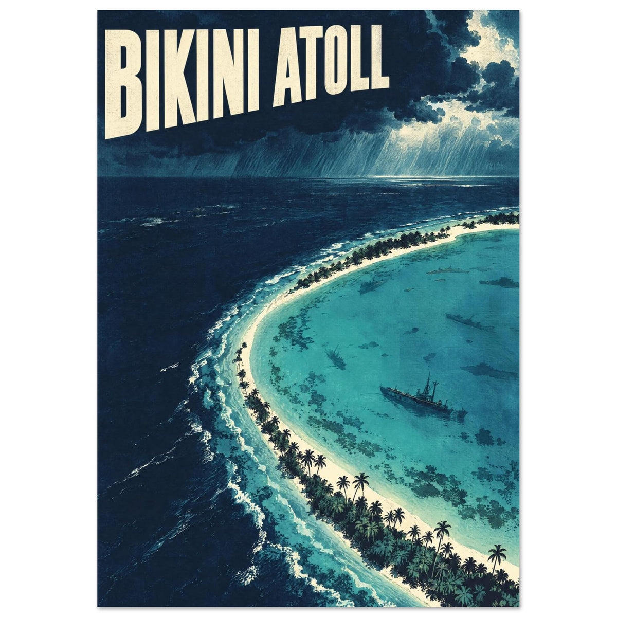 Bikini Atoll lettering above storm clouds, dark ocean and a palm-lined turquoise lagoon with submerged ship silhouettes.
