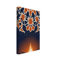 People gathered around a glowing bonfire beneath a canopy of orange geometric stars with cream outlines on navy.