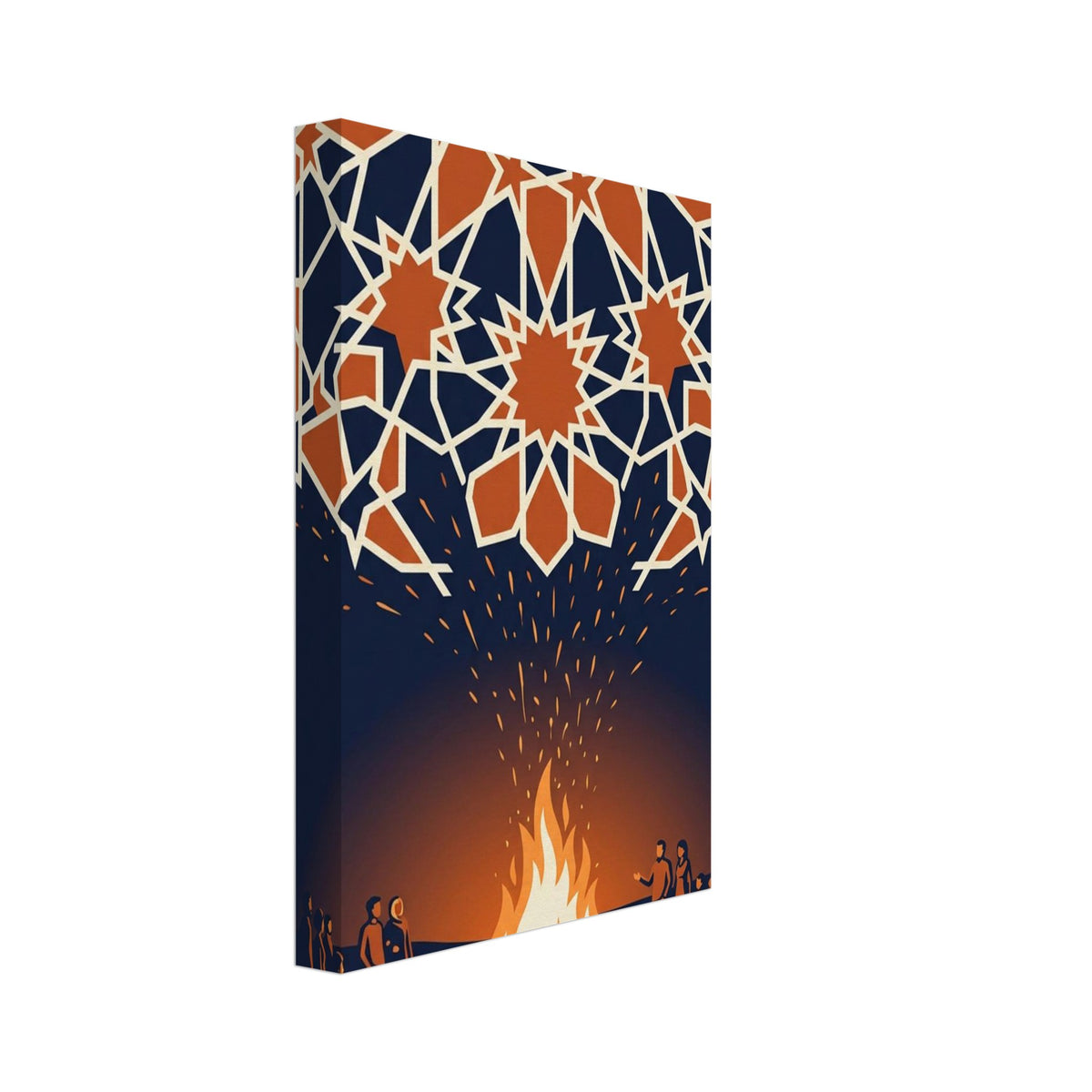 People gathered around a glowing bonfire beneath a canopy of orange geometric stars with cream outlines on navy.