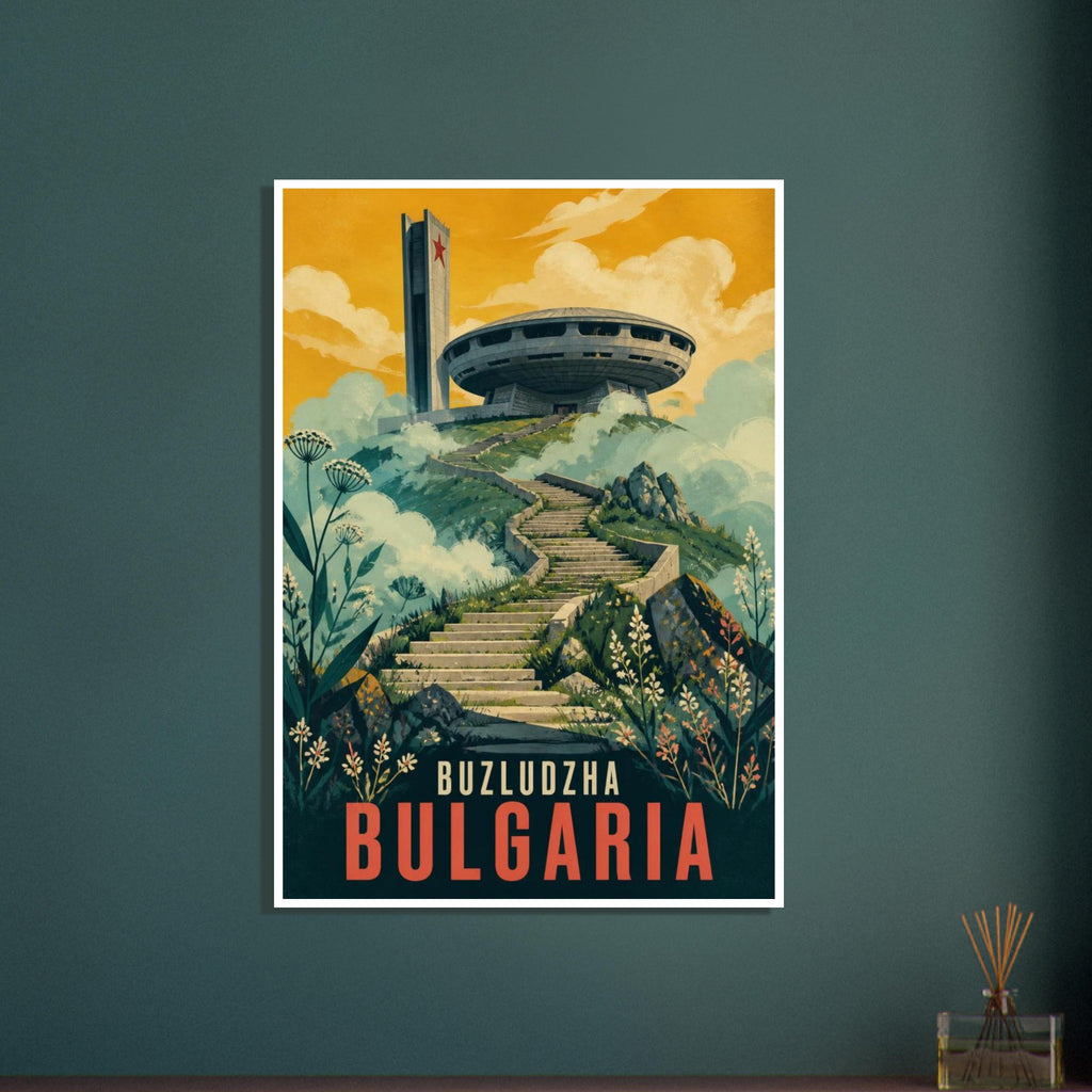 Buzludzha monument above winding stone steps and green slopes under a golden sky, with Buzludzha Bulgaria lettering.