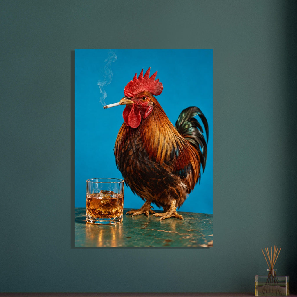 Rooster holding a smoking cigarette beside a glass of amber liquid and ice against a bright blue background.