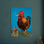 Rooster holding a smoking cigarette beside a glass of amber liquid and ice against a bright blue background.