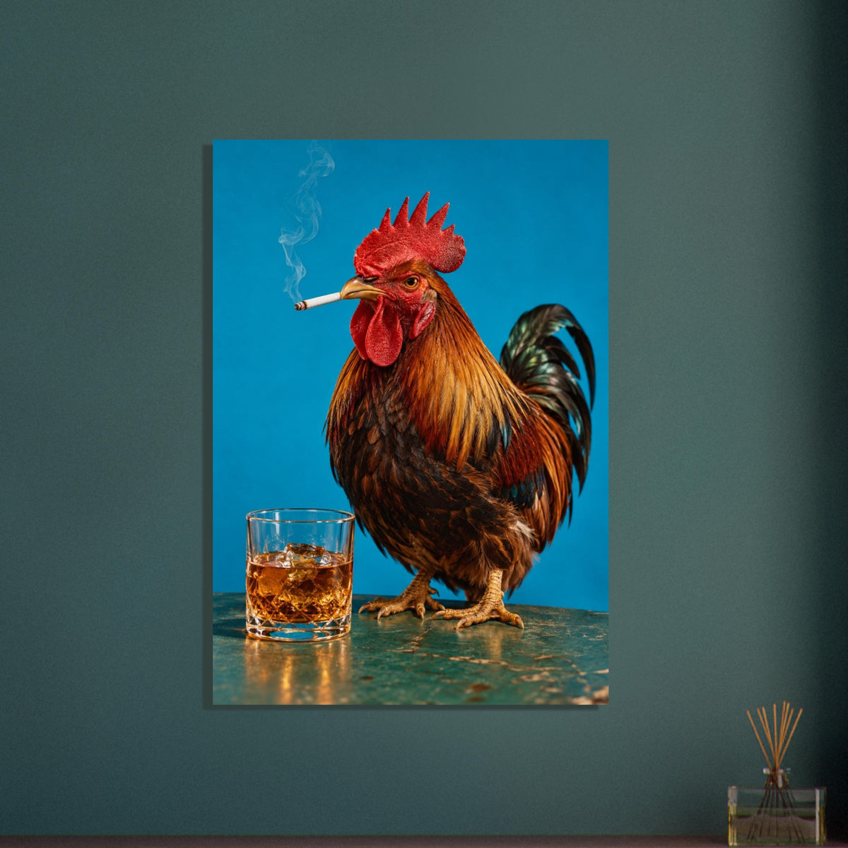 Rooster holding a smoking cigarette beside a glass of amber liquid and ice against a bright blue background.