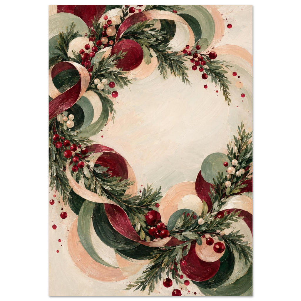 Christmas Eve Wreath in Motion shows an off-centre ring of fir, berries and looping ribbon in sage, burgundy, peach and ivory