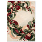 Christmas Eve Wreath in Motion shows an off-centre ring of fir, berries and looping ribbon in sage, burgundy, peach and ivory