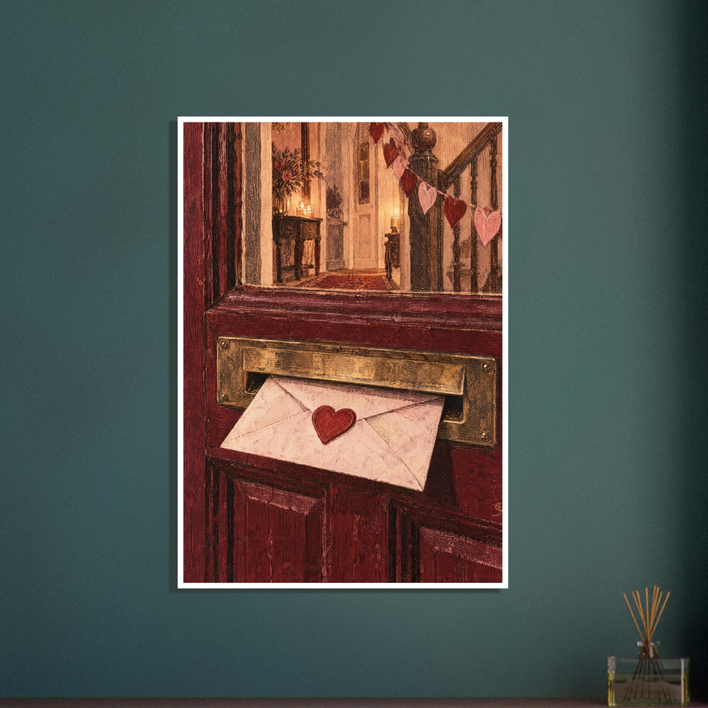 Heart-sealed envelope in a brass letterbox on a burgundy door, with candles and heart garlands visible through the glass.