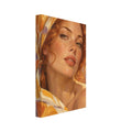 Freckled woman with copper curls and green eyes wearing an orange, yellow, cream and lilac floral headscarf.
