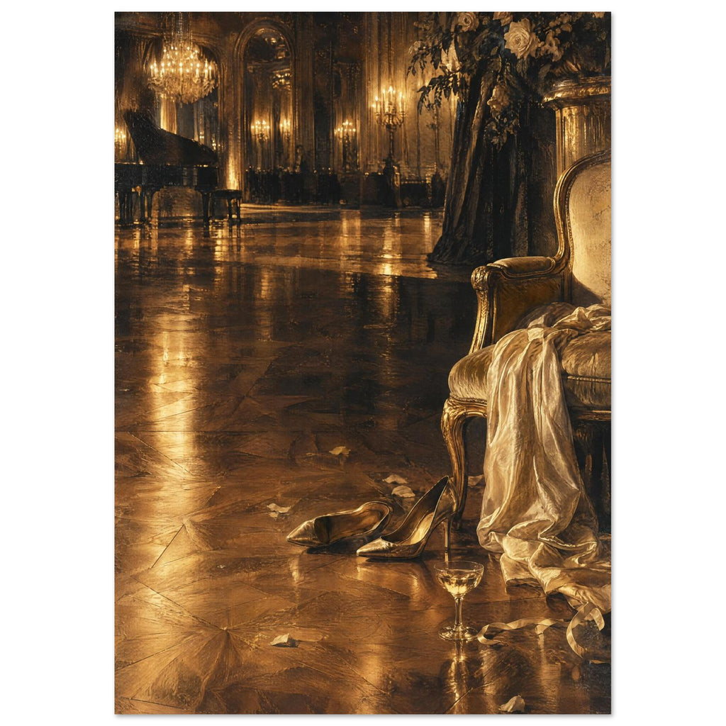Golden ballroom with chandelier, grand piano, gilded chair draped in fabric, heels and a glass on a reflective floor.