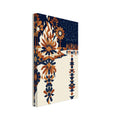Geometric lakeside bonfire with small figures, starburst shapes and angular reflections in navy, orange and cream.