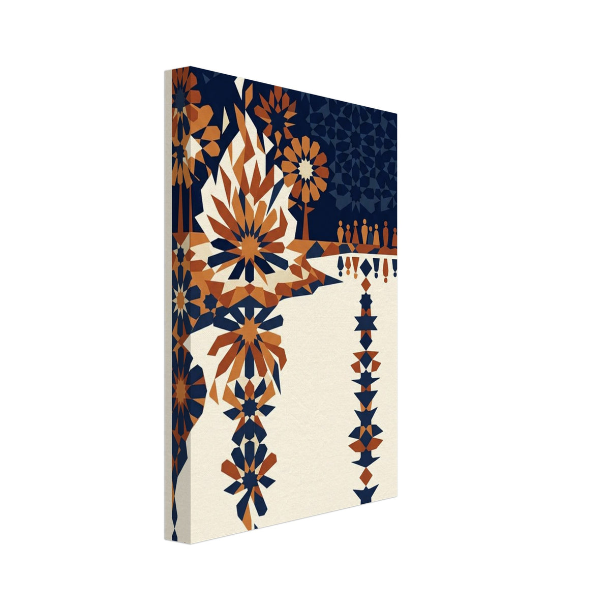 Geometric lakeside bonfire with small figures, starburst shapes and angular reflections in navy, orange and cream.