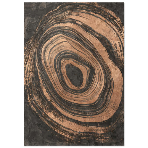 Irregular copper-toned concentric rings with distressed edges surrounding a dark centre on a textured charcoal background.