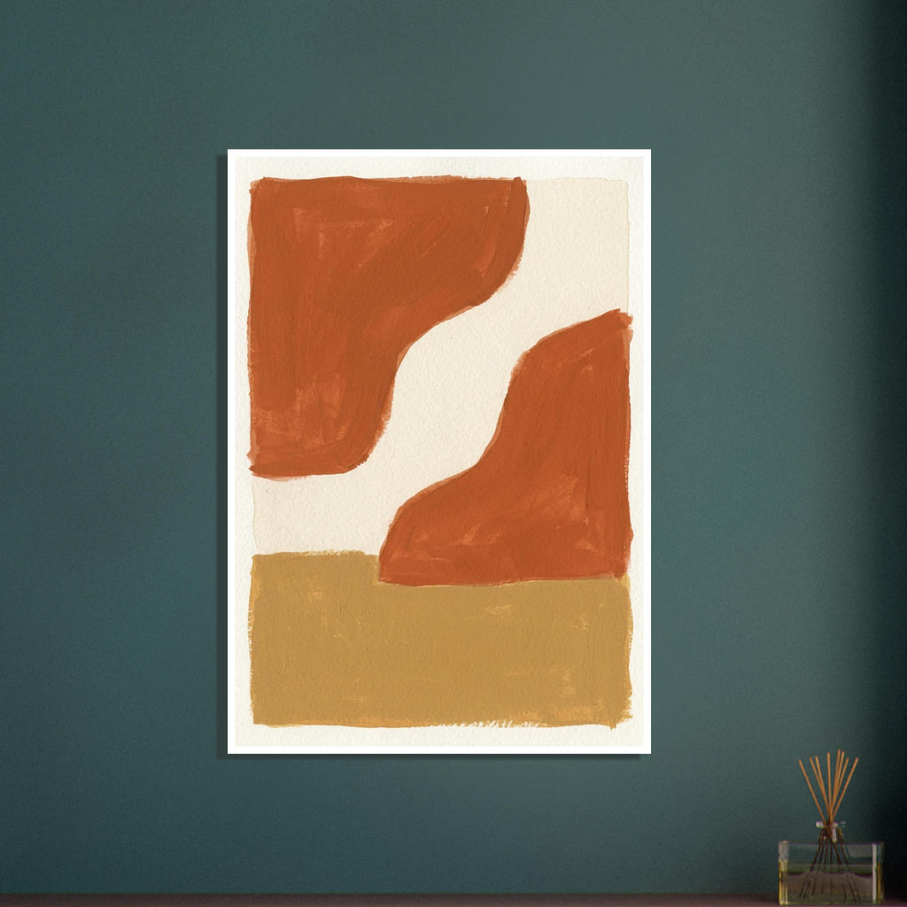 Terracotta abstract shapes surrounding a winding cream space, with a broad ochre band below and visible brush marks.