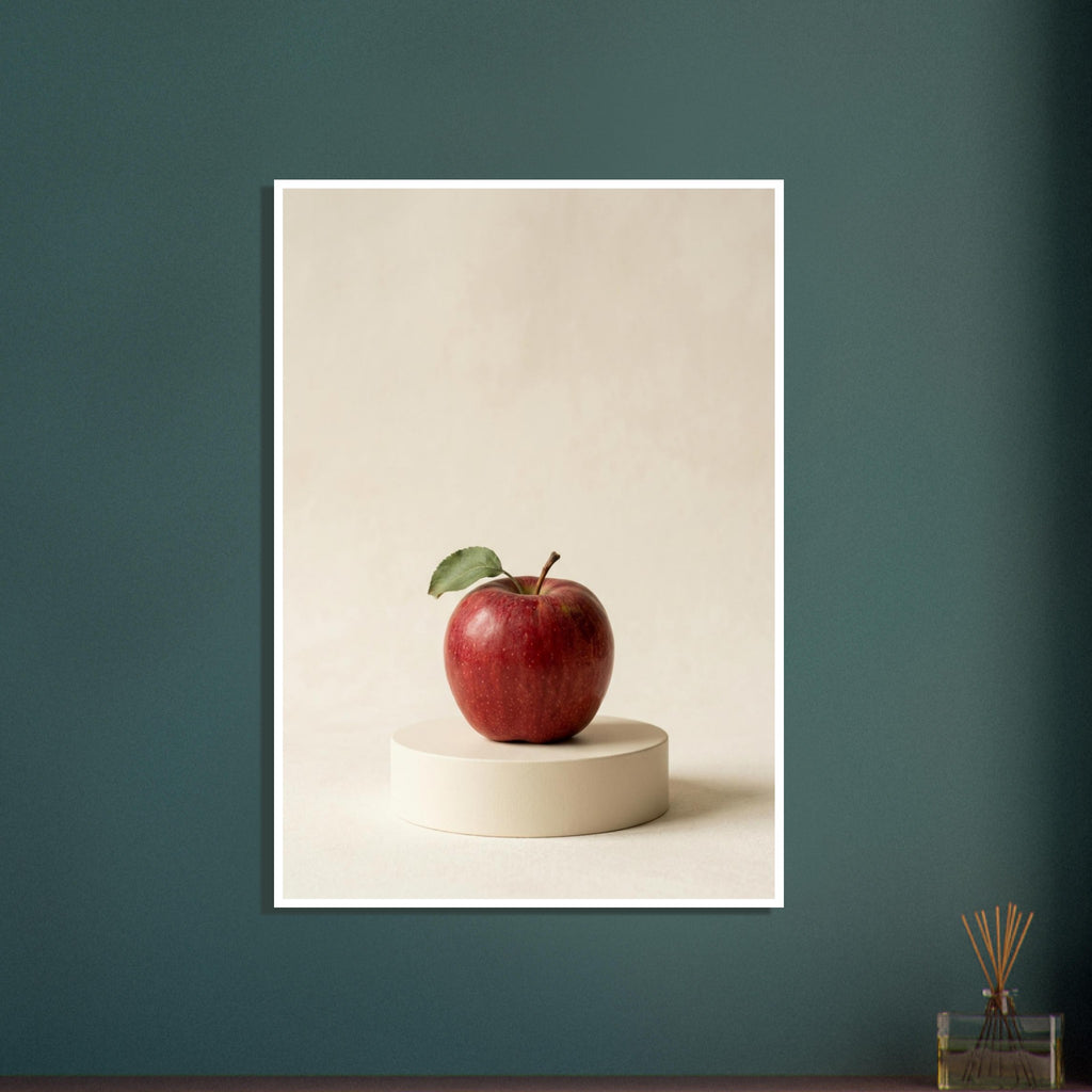 Red apple with a green leaf on a low circular cream plinth, against a cream background with soft shadows.