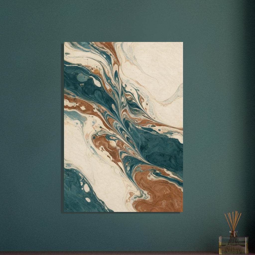Teal, cream and brown marbled swirls with fine feathered lines flowing diagonally across a vertical composition.