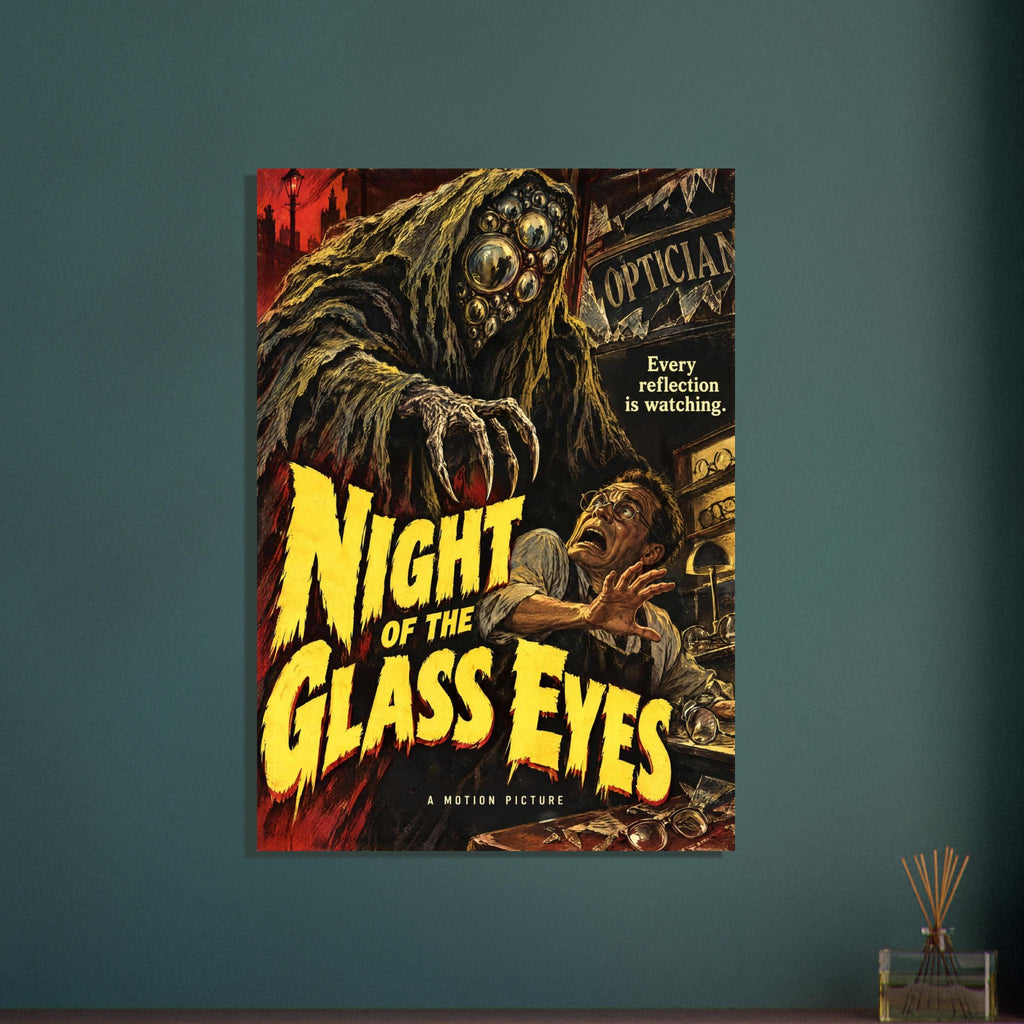 Hooded monster with glass eyes menaces a frightened man beneath yellow ‘Night of the Glass Eyes’ lettering.