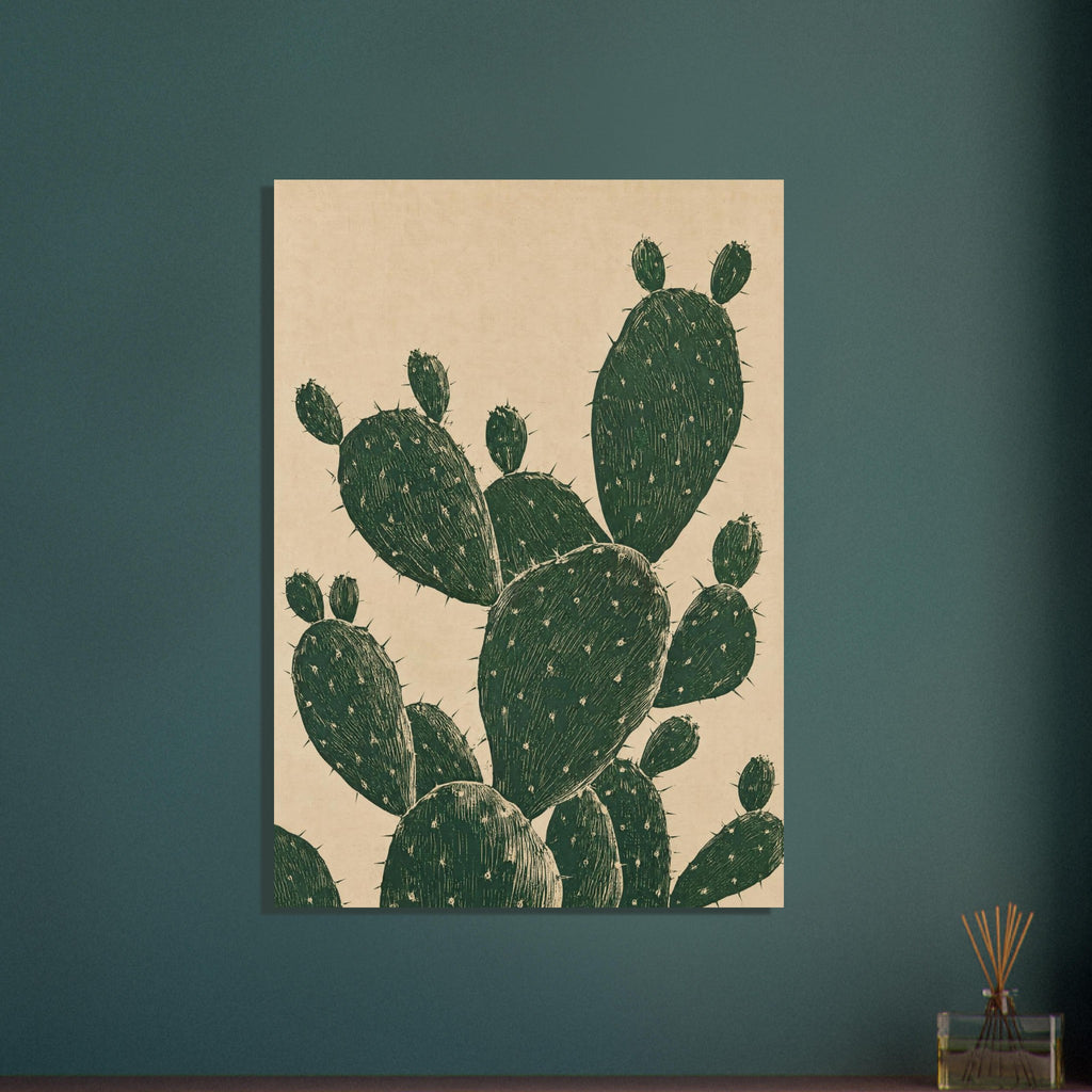 Prickly pear cactus with overlapping dark green oval pads, fine pale markings and spines against a textured beige background.