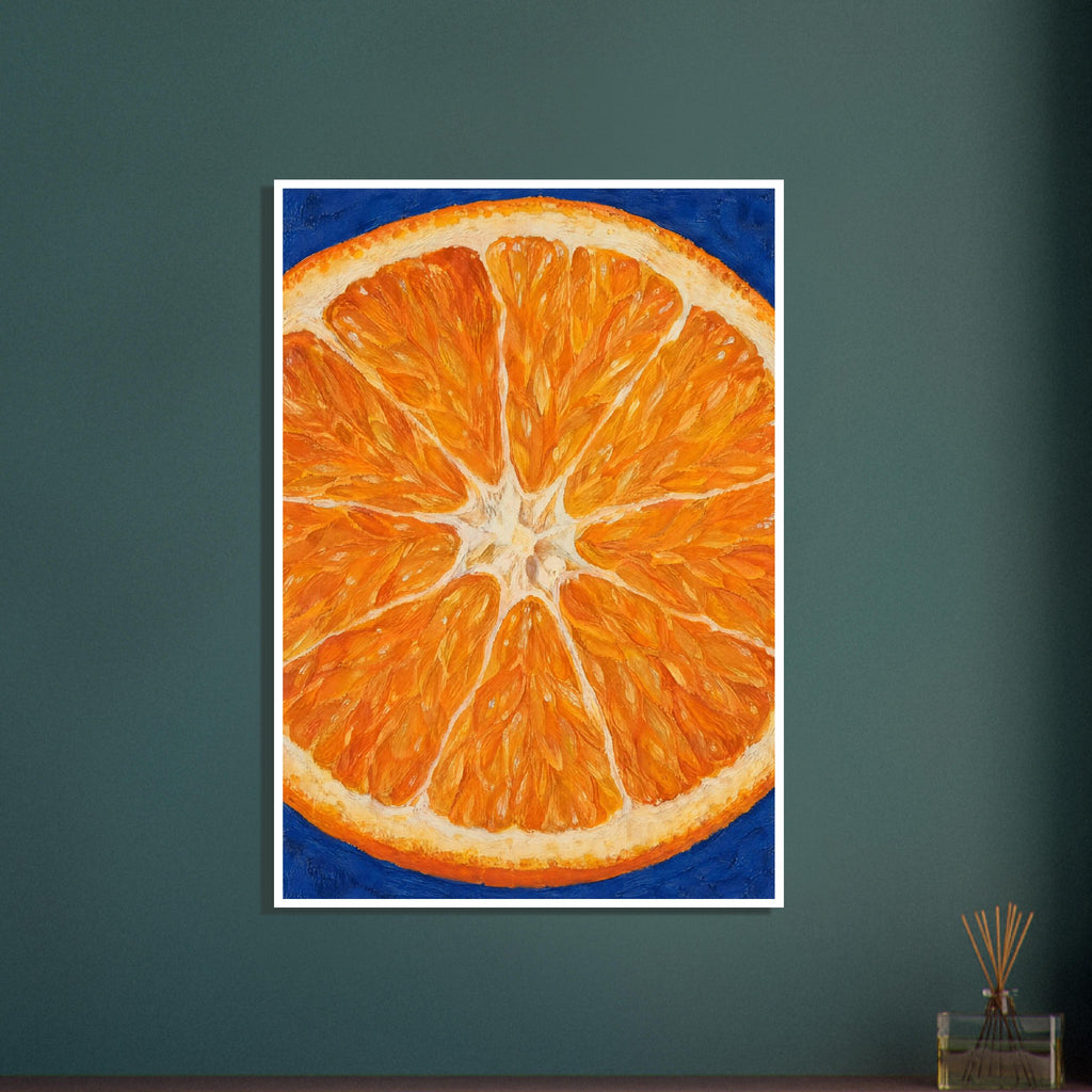 Genomskuren apelsin i kraftig förstoring med orange fruktkött och vit märg mot ultramarinblå bakgrund.