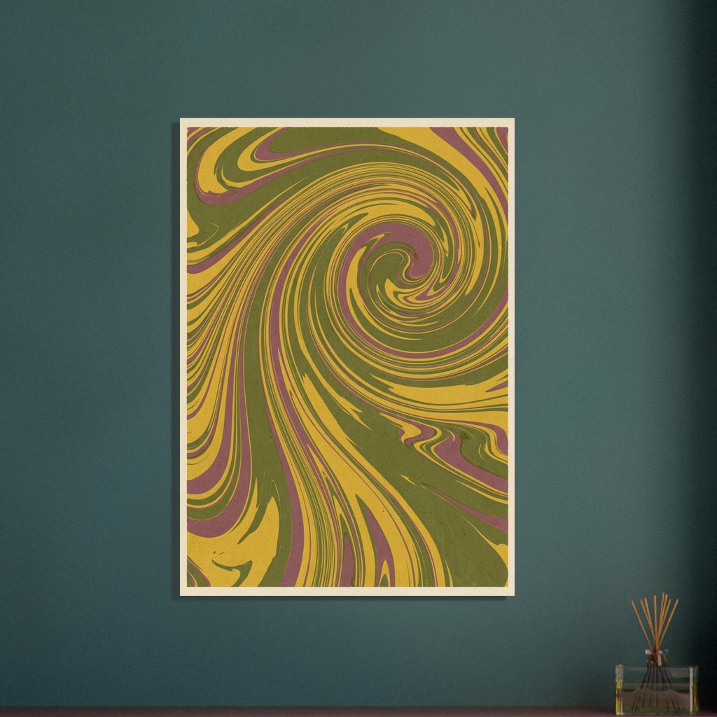 Marbled ribbons of olive green, mustard yellow and muted plum curl into a spiral within a narrow cream border.