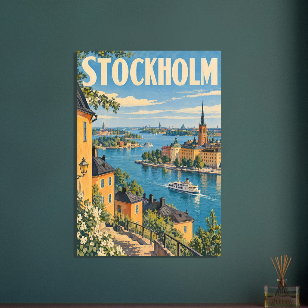 Stockholm travel poster with cream lettering, blue waterways, white ferries, golden buildings and a leafy foreground.