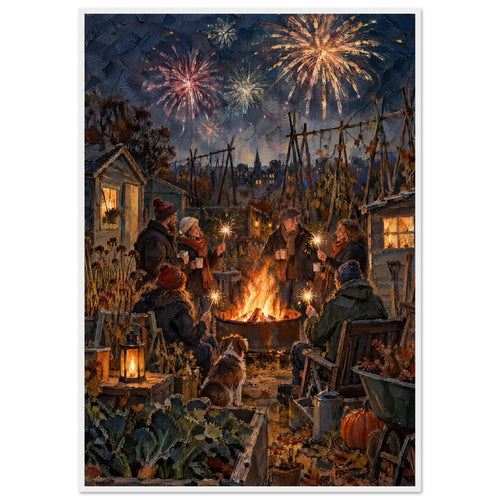 People with sparklers gather around a fire pit with a dog in an allotment, beneath fireworks in a dark blue sky.