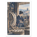 Woman in a blue kimono winding thread beside a wooden wheel, with baskets of spools and a pagoda beyond the window