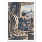 Woman in a blue kimono winding thread beside a wooden wheel, with baskets of spools and a pagoda beyond the window