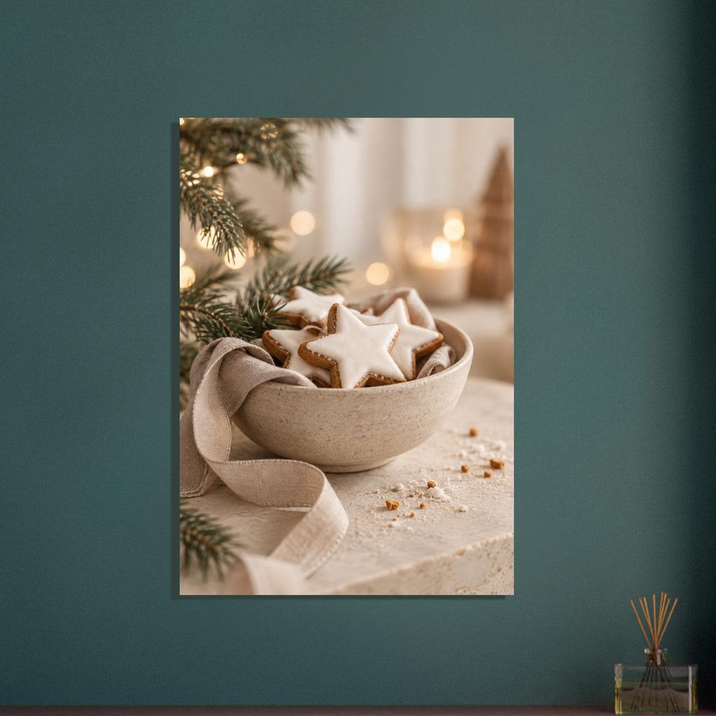 White-iced star biscuits in a linen-lined ceramic bowl, with evergreen branches, warm blurred lights and scattered crumbs.