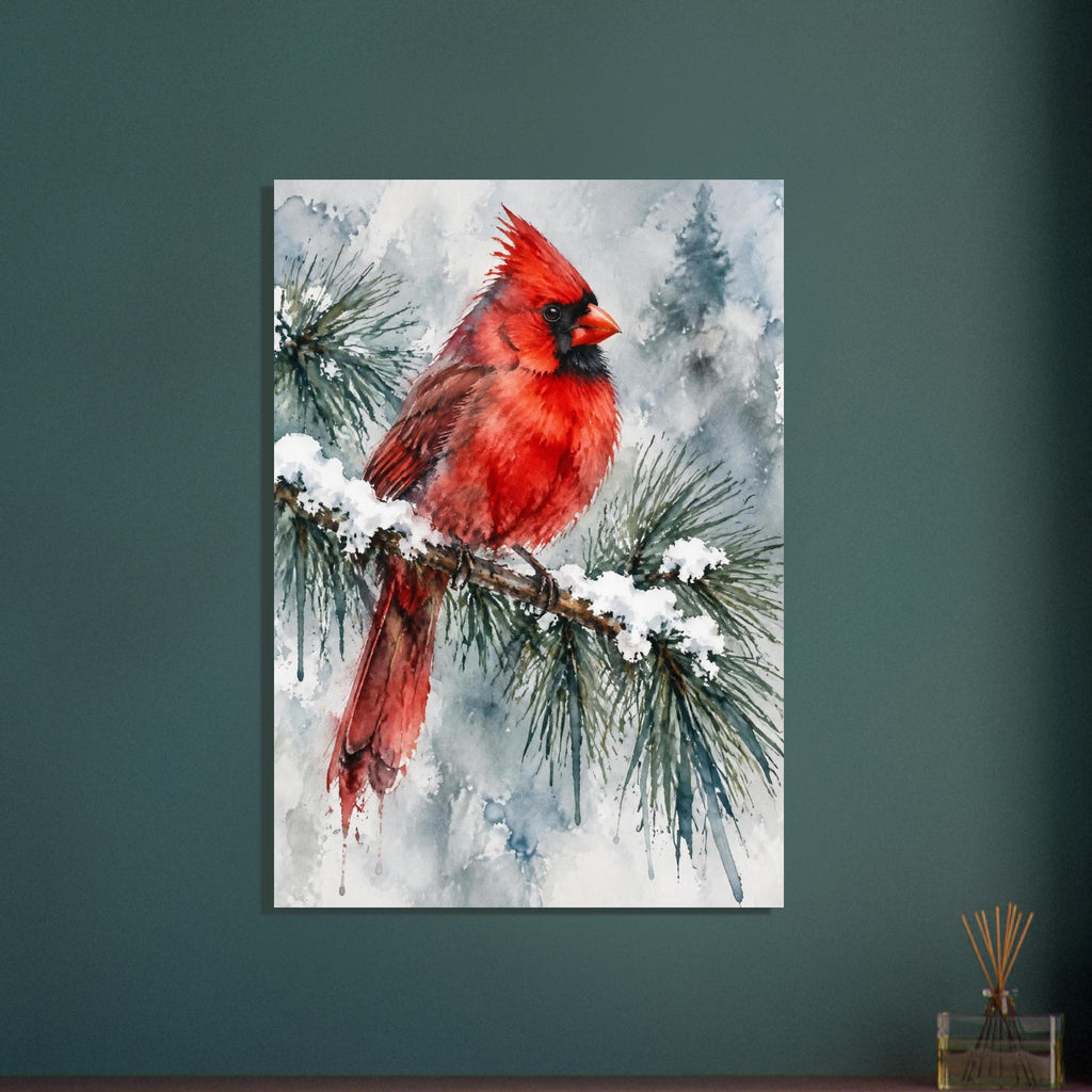 Watercolour red cardinal bird perched on a snow-covered pine branch