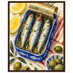 Three sardines in an open blue tin, one wearing a red party hat, surrounded by lemon wedges, olives and striped cloth.