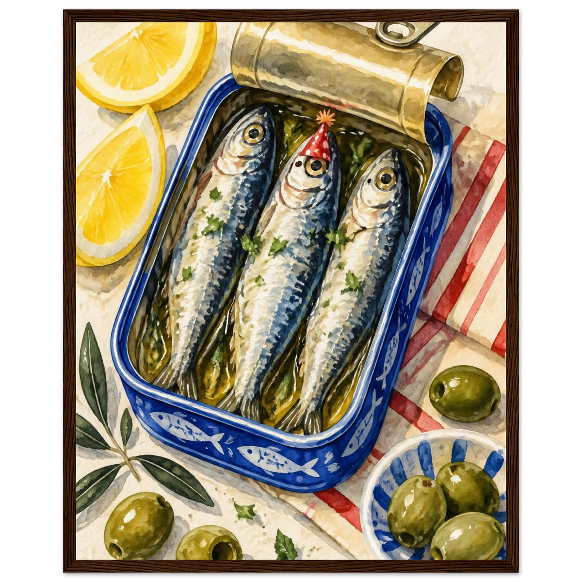 Three sardines in an open blue tin, one wearing a red party hat, surrounded by lemon wedges, olives and striped cloth.