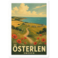 Österlen coastal illustration with poppies, a winding path, standing stones and turquoise sea above ÖSTERLEN SWEDEN text.