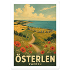 Österlen coastal illustration with poppies, a winding path, standing stones and turquoise sea above ÖSTERLEN SWEDEN text.