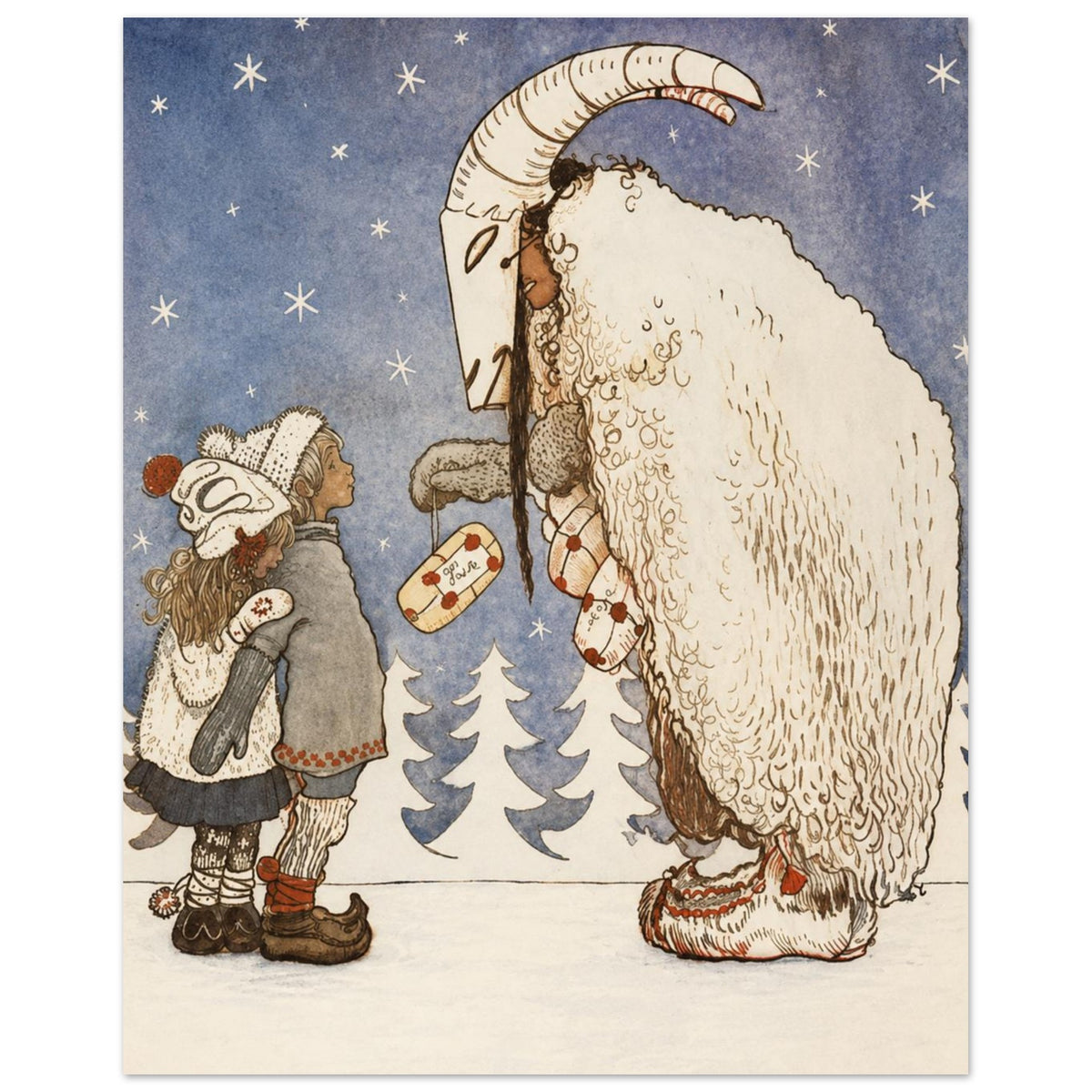 Two children face a figure in a horned goat mask and shaggy cream cloak beneath stars, with parcels and snowy fir trees.