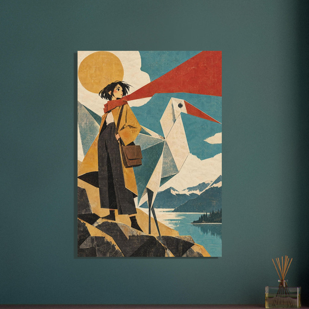 Woman in a mustard coat and red scarf beside an angular white bird, with a golden sun, mountains and a teal lake.