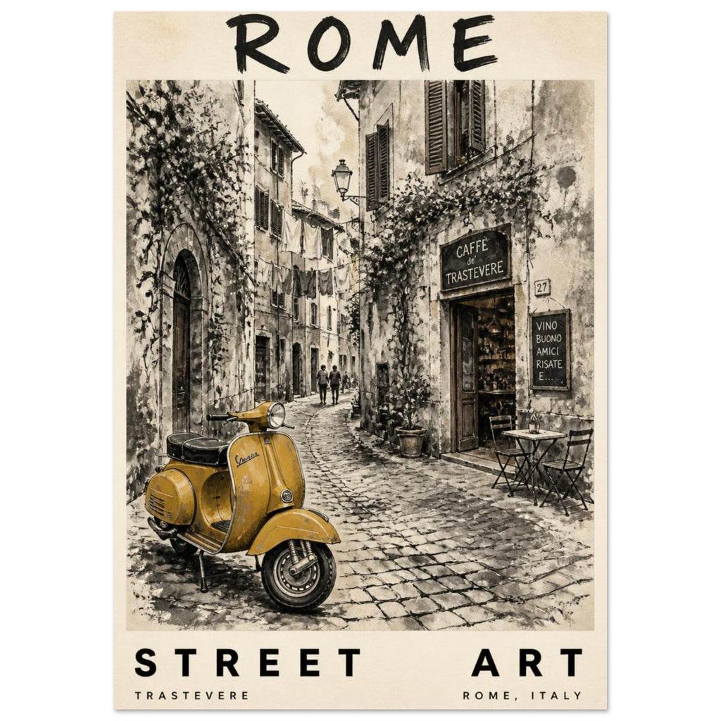Yellow scooter on a cobbled Rome street with a café, shuttered windows and vines, framed by cream borders and bold lettering.