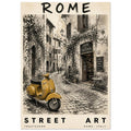 Yellow scooter on a cobbled Rome street with a café, shuttered windows and vines, framed by cream borders and bold lettering.