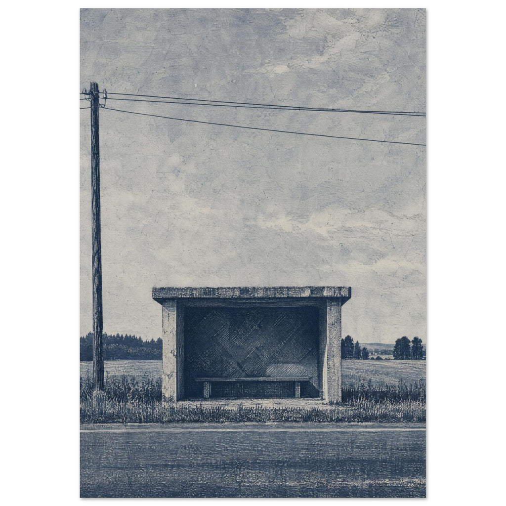 Rural bus shelter with an empty bench beside a road, open fields and a utility pole beneath a textured blue-grey sky.