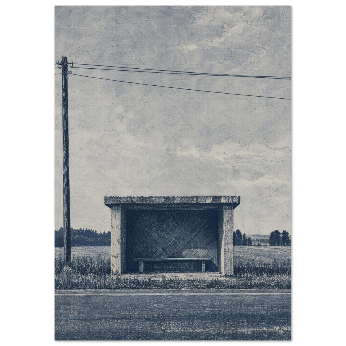 Rural bus shelter with an empty bench beside a road, open fields and a utility pole beneath a textured blue-grey sky.