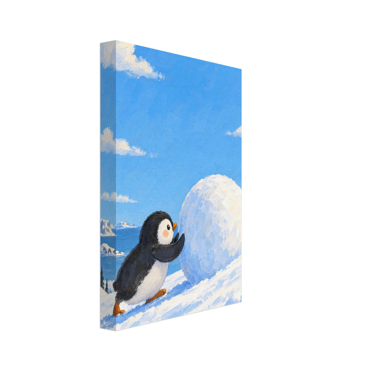 Penguin pushing a giant snowball up a snowy slope, with blue water, distant mountains and white clouds behind.