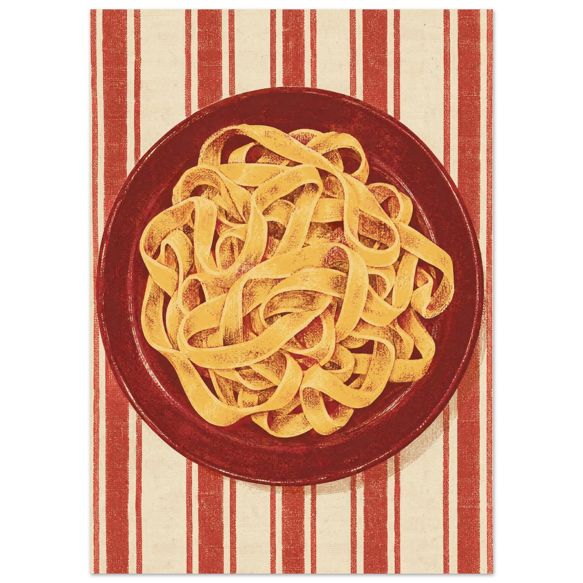 Golden pasta ribbons on a deep red plate, viewed from above against textured red and cream vertical stripes.