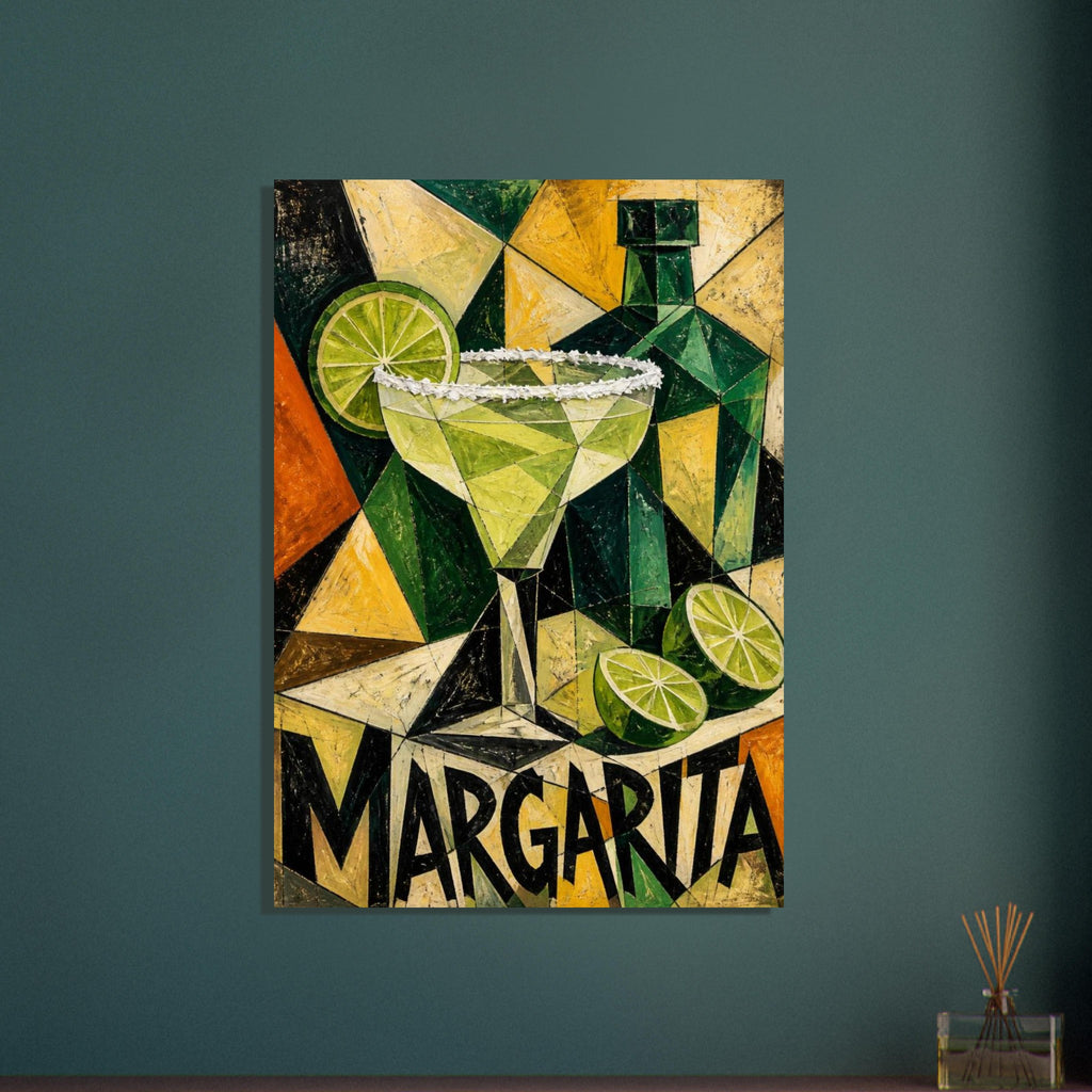 Margarita glass with a salt rim, limes and a green bottle in angular green and yellow shapes above ‘MARGARITA’ lettering.