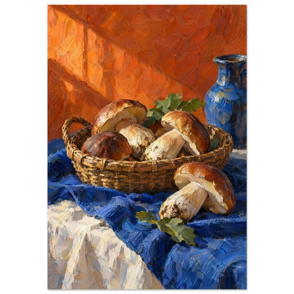 Basket of brown mushrooms on a blue cloth beside a blue jug against an orange background