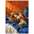 Basket of brown mushrooms on a blue cloth beside a blue jug against an orange background