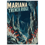 Mariana Trench Ridge lettering above underwater chimneys, a lit submersible, red-tipped tube worms and a pale crab.