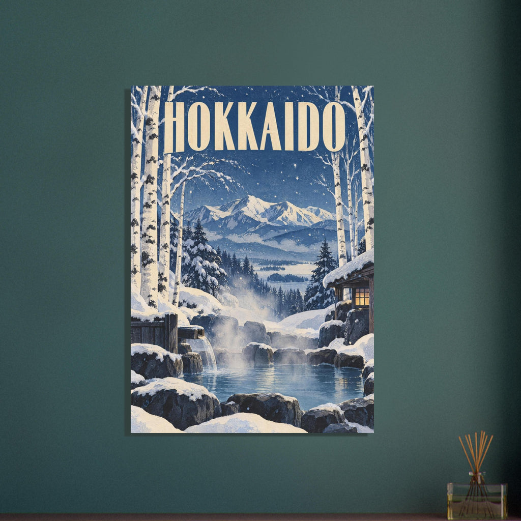 Hokkaido lettering above snowy birch trees, distant mountains and a steaming rocky hot spring beside a wooden shelter.