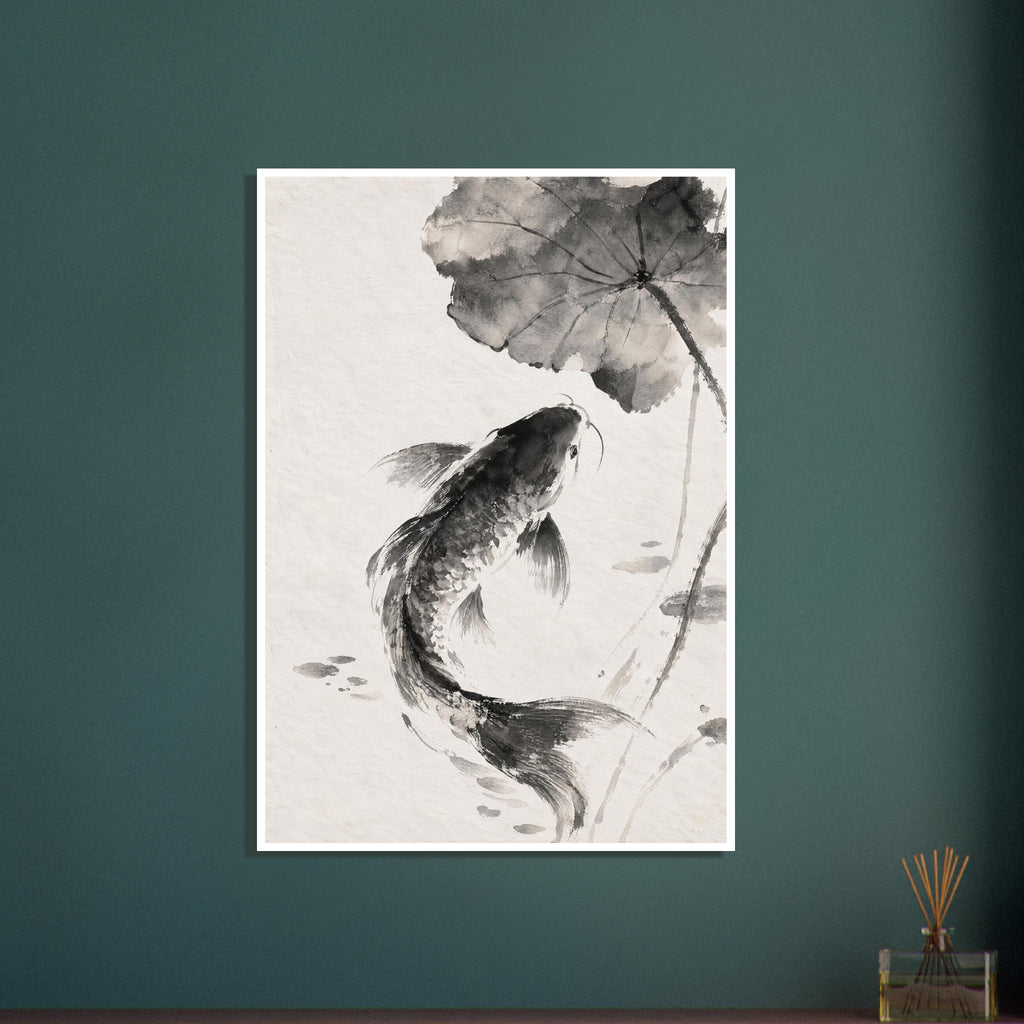 Carp with flowing fins curves beneath a broad veined leaf, rendered in black and grey washes on a warm ivory background.
