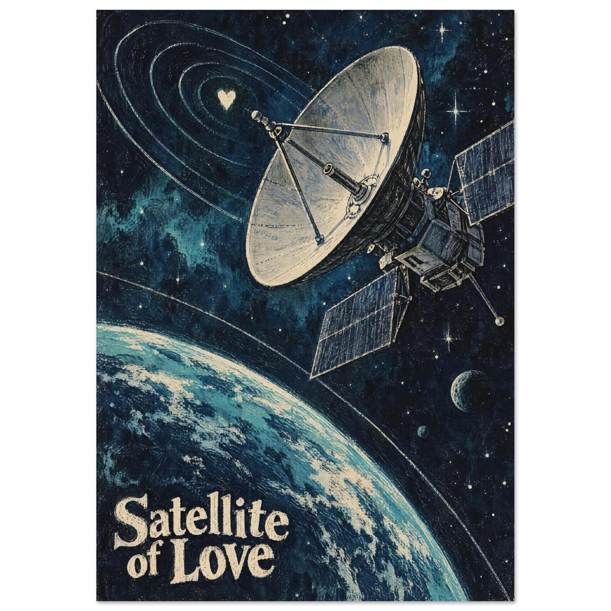 Satellite with a large dish above a blue planet, stars and a small heart, with cream “Satellite of Love” lettering.