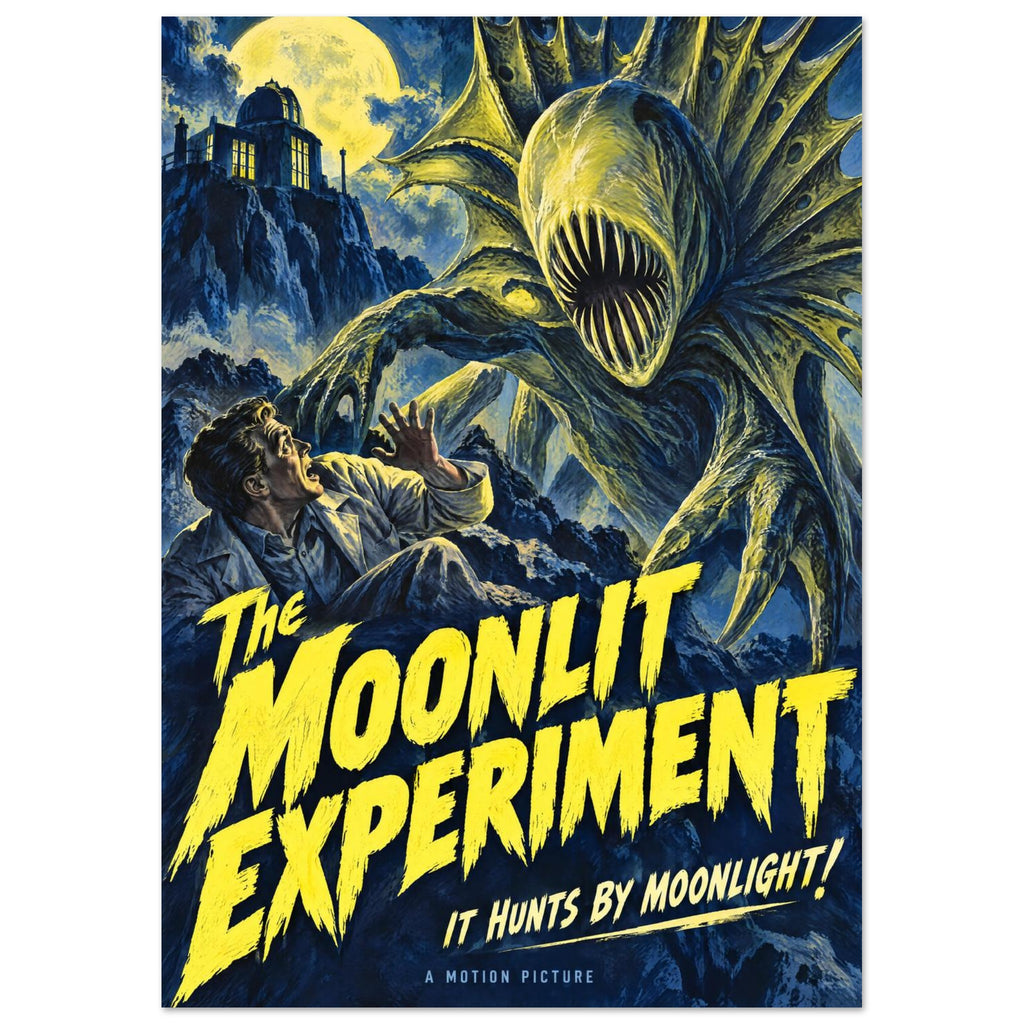 Sharp-toothed monster looms over a startled man beneath a yellow moon, with bold yellow ‘The Moonlit Experiment’ lettering.