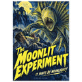 Sharp-toothed monster looms over a startled man beneath a yellow moon, with bold yellow ‘The Moonlit Experiment’ lettering.